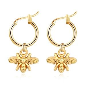 Gold Plated Hoop Earrings with Dangling Bee Charm NEW